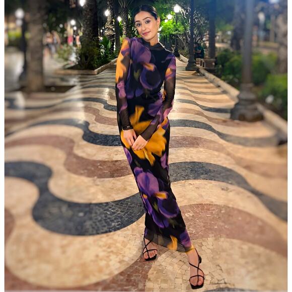 MANGO Fitted Floral Maxi Dress NWT | Multicolor High Neck Long Sleeve - Picture 14 of 16